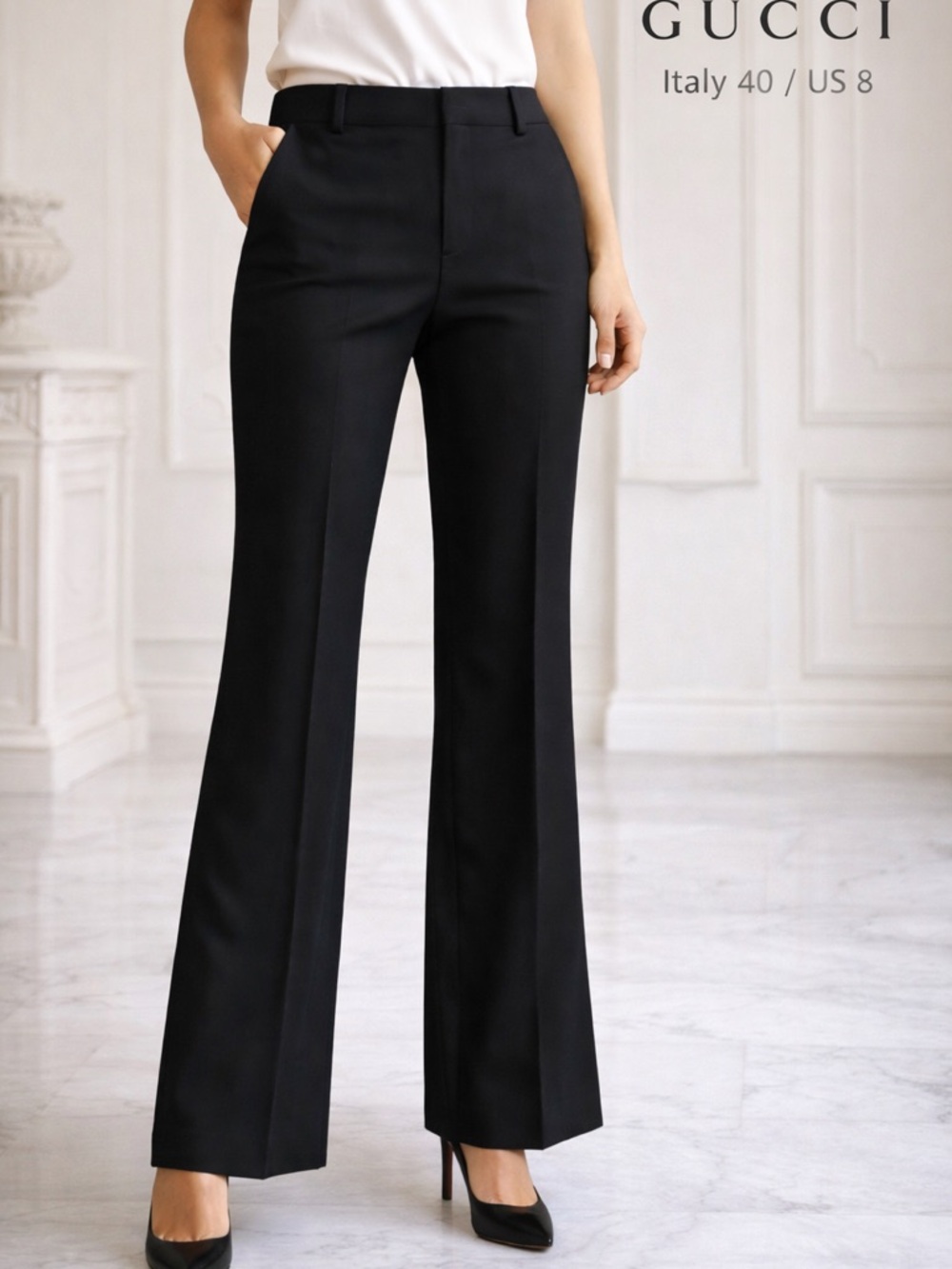 Gucci Black Wool Silk Trouser Pants Flare Italy women’s size IT 40 US 8 Tailored - Picture 16 of 16
